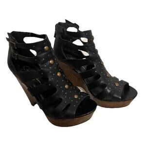 Jessica Simpson Size 8/39 Wedges JS-Keddar Black Leather Upper with Metal Accent